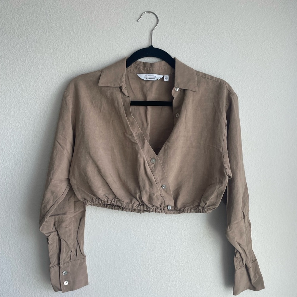Tan Cropped Button-Up Women's Top